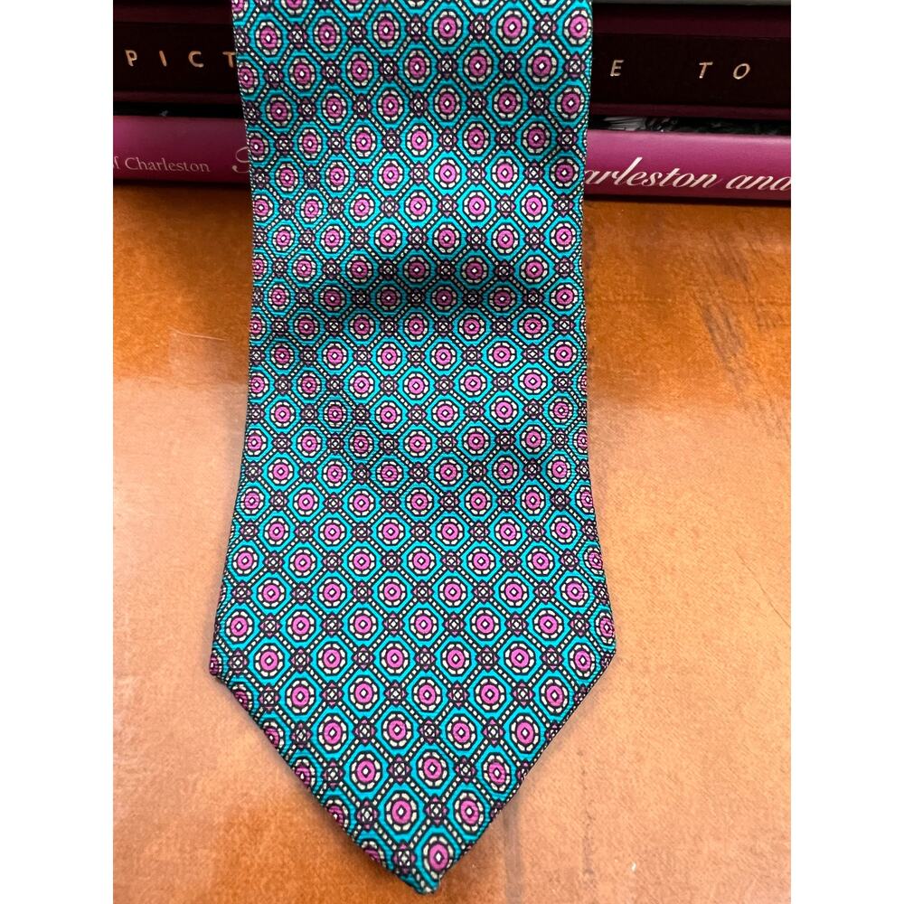 Vintage Bonjour Geometric Medallion Tie Teal Purple Black Narrow 90s